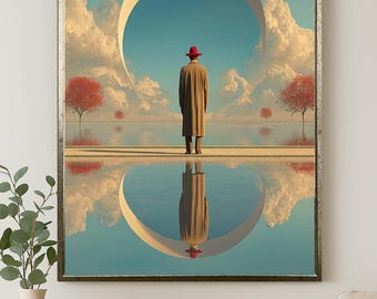 Surreal Man with Red Hat Canvas Wall Art Dreamlike Minimal Landscape Fantasy Reflection Print for Modern Home or Office Decor