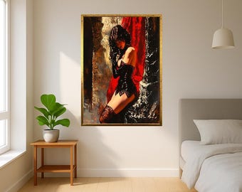Seductive Woman in Black Lace Lingerie Canvas Wall Art with Red Backdrop for Gothic Glamour or Erotic Bedroom Decor Statement Piece