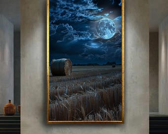 Full Moon Over Harvest Field Canvas Wall Art – Mystical Rural Night Landscape with Hay Bales for Nature Lovers or Rustic Home Decor