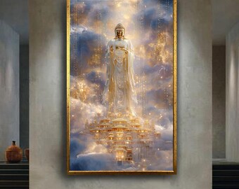 Golden Buddha in Celestial Palace Wall Art – Enlightened Divine Light Print Surrounded by Clouds and Sacred Temple Architecture