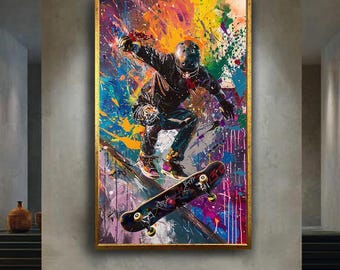 Colorful Skateboarder Canvas Wall Art with Graffiti Splash Background – Urban Street Style Sport Print for Cool Teen Room Decor