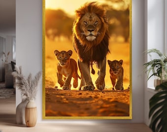 Walking Lion Family Canvas Wall Art – Majestic African Wildlife Print for Safari Decor, Nature Inspired Interiors and Animal Lovers