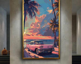 Pink Cadillac Beach Sunset Canvas Wall Art – Tropical Palm Trees and Ocean Classic Car Scene for Coastal Retro Home Decor