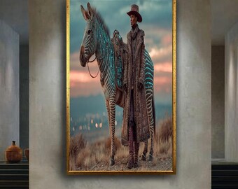 Cyber Western Sci Fi Wall Art Print, Futuristic Woman with Glowing Zebra Canvas Art, Fantasy Fashion Illustration Decor