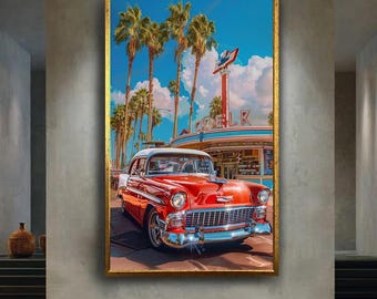 Retro Red Chevy Diner Canvas Wall Art – Vintage 1950s Palm Tree Scene with Neon Sign Classic Car for Garage or Home Decor