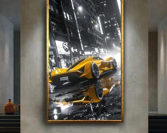 Futuristic Yellow Supercar Canvas Wall Art, Cyberpunk Night City Print, Luxury Sports Car Artwork for Modern and Bold Home Decor