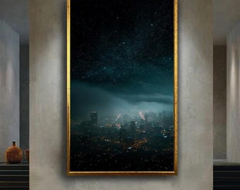 Starry Night Cityscape Wall Art, Dark Urban Skyline Print with Stars, Dreamy Night Sky Canvas Art, Midnight Lights Canvas Decor