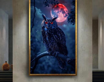Mystical Owl Wall Art with Red Moon Dark Fantasy Night Creature Artwork Gothic Wildlife Print Mysterious Home Decor