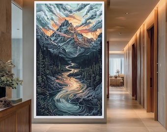 Golden Mountain River Landscape Canvas Wall Art with Dramatic Sky and Forest Scene, Stylized Nature Print for Modern Rustic Decor
