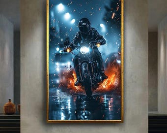 Futuristic Motorcycle Wall Art Rider in Night City with Flames Cyberpunk Biker Artwork Dark Neon Racing Decor