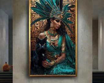 Egyptian Goddess Canvas Wall Art – Mystical Queen Portrait with Black Cat and Golden Jewelry – Fantasy Ancient Print for Regal Decor