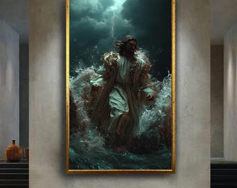 Jesus Walking on Stormy Sea Wall Art – Dramatic Christian Home Decor Depicting Divine Power and Faith Over Nature
