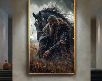 Viking Warrior with Horse Wall Art Canvas, Norse Mythology Inspired Medieval Soldier Artwork, Dark Fantasy Decor for Nordic History Lovers