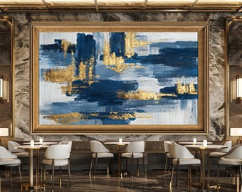 Modern Abstract Wall Art Print with Navy Blue and Gold Brush Strokes, Luxury Contemporary Canvas for Living Room or Office Decor