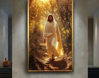 Inspirational Jesus Christ Walking in Nature Canvas Wall Art with Golden Light, Christian Religious Artwork for Faith and Home Decor