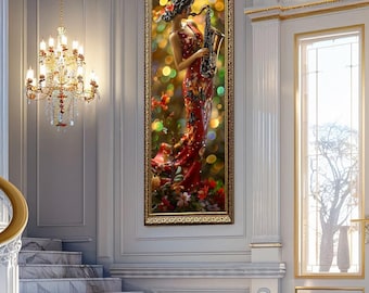 Jazz Woman Wall Art Red Floral Dress Saxophone Music Canvas Art Romantic Musical Decor Elegant Lady Print