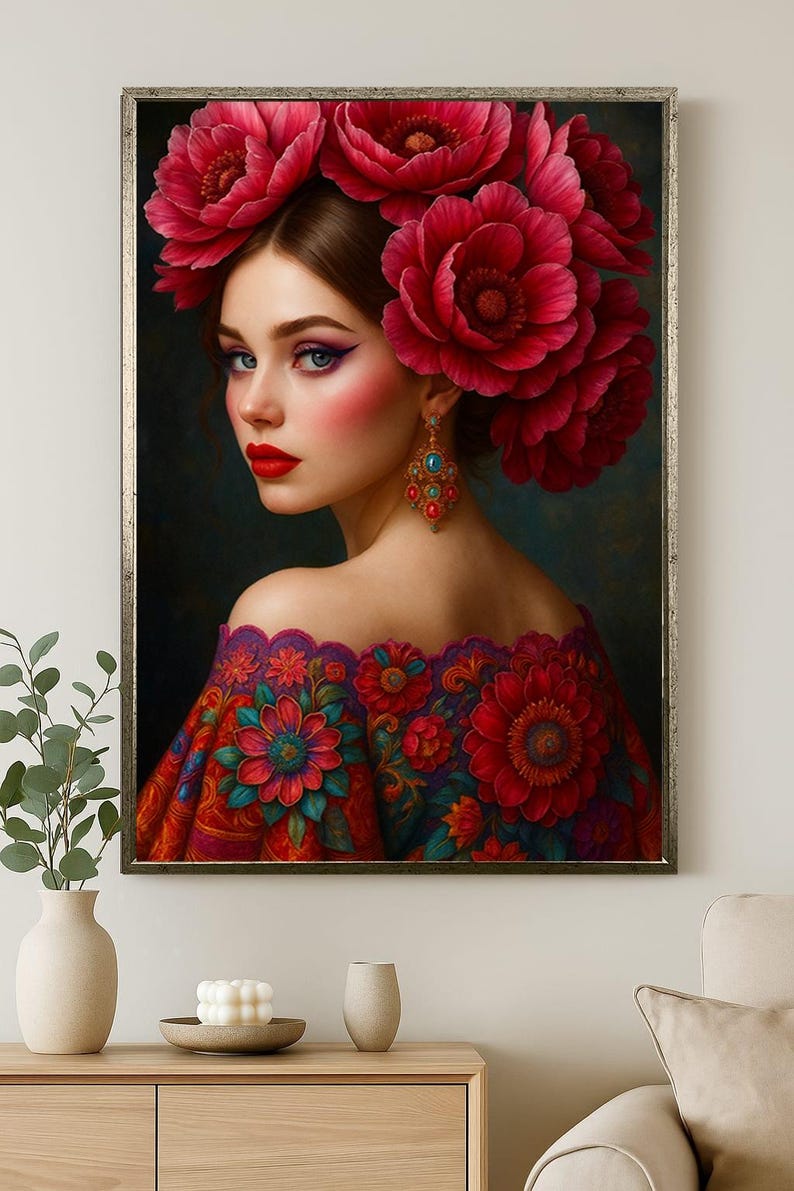Elegant Floral Woman Portrait Wall Art Print | Red Flower Crown Lady ...