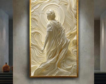 Elegant Angelic Figure Canvas Wall Art in Cream and Gold Tones with Flowing Drapery, Spiritual Minimalist Wall Decor for Modern Interiors