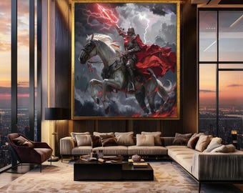 Epic Dark Knight Wall Art Fantasy Warrior on Horse with Lightning Sword Red Cape Storm Scene Canvas Art