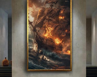 Burning Pirate Ship Wall Art Dramatic Ocean Battle Scene Fiery Sailing Vessel Fantasy Nautical Artwork Maritime Home Decor