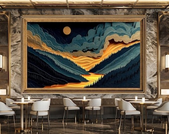 Layered Forest Mountains Style Sunset Canvas Wall Art, Landscape Illustration with Glowing River and Moon