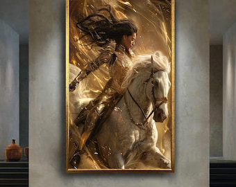 Golden Warrior Woman on White Horse Fantasy Canvas Wall Art Powerful Female Hero Poster for Epic Home Decor or Gift for Horse Lovers