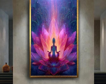 Radiant Lotus Meditation Canvas Wall Art – Mystical Spiritual Energy and Chakra Awakening – Yoga Enlightenment Print for Zen Decor
