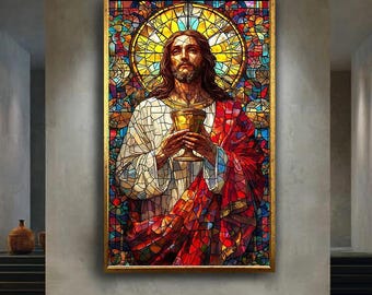 Stained glass Jesus canvas wall art print, sacred holy grail Christian decor, religious artwork for church or prayer room, faith gift