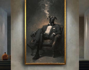 Elegant Smoking Dog Wall Art in Suit, Sophisticated Great Dane Portrait for Classy Home Decor and Unique Animal Lover Gift
