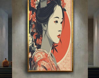 Geisha Portrait Wall Art Print – Japanese Woman Canvas Poster with Flowers – Modern Oriental Decor – Red and Beige Asian Artwork