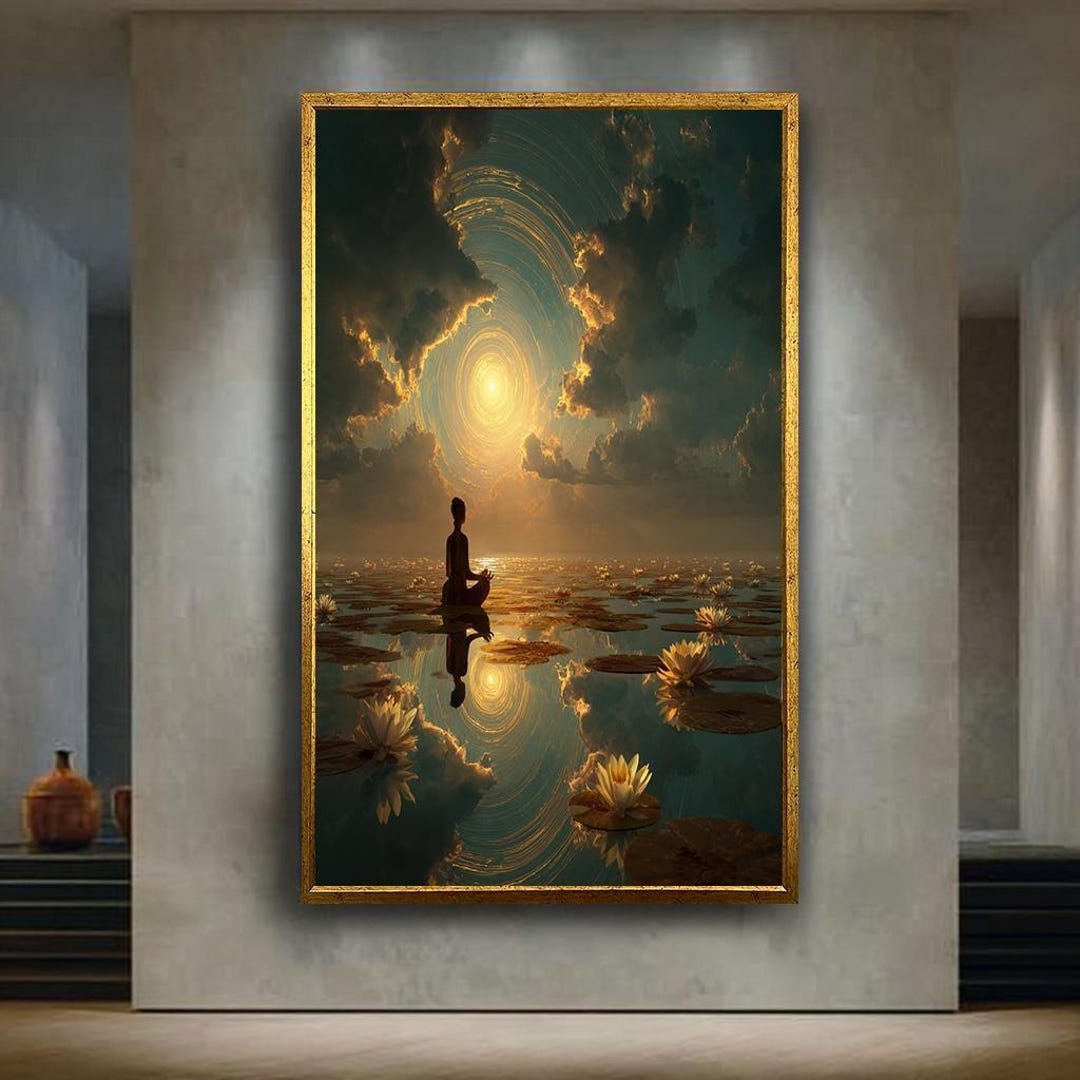 Meditation Lotus Lake Canvas Wall Art – Mystical Sunset Spiritual ...