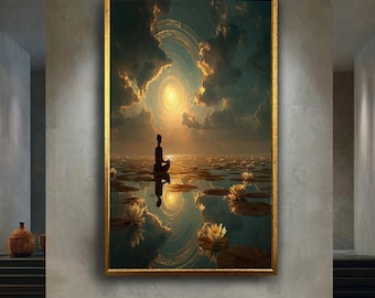 Meditation Lotus Lake Canvas Wall Art – Mystical Sunset Spiritual Energy with Water Lilies – Zen Yoga Print for Tranquil Home Decor
