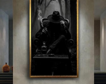 Dark Gentleman Canvas Wall Art, Noir Style Smoking Man Print, Mysterious Masculine Decor for Bar, Lounge or Modern Interior