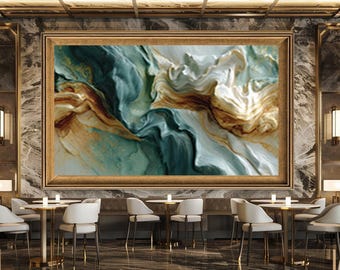 Emerald Green and Gold Abstract Wall Art Print with Fluid Texture, Nature Inspired Modern Canvas for Luxury Home Decoration