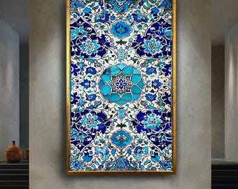 Ottoman Iznik Floral Tile Canvas Art, Traditional Islamic Pattern Wall Decor, Turkish Blue Ceramic Print for Prayer Room or Home