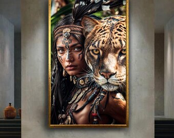 Tribal Warrior Woman with Jaguar Spirit Animal | Ethnic Jungle Goddess Canvas Art | Powerful Feminine Shamanic Wall Decor for Home