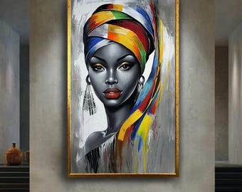 African woman canvas wall art print, colorful headwrap ethnic portrait print, afrocentric modern decor for living room or studio space