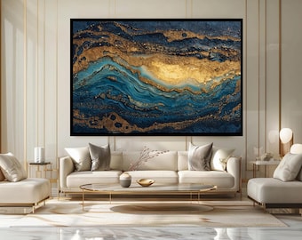 Blue Gold Abstract Wall Art Print, Luxury Fluid Canvas Art, Modern Geode Style Artwork for Elegant Home or Office Decor