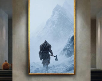 Nordic Warrior Snowy Mountain Canvas Print, Viking Barbar Fantasy Art Wall Decor, Winter Wilderness Norse Mythology Poster