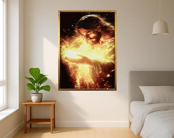 Jesus Holding Divine Light Canvas Christian Art Glowing Spiritual Power Poster Faith Based Religious Wall Print For Prayer Room Decor