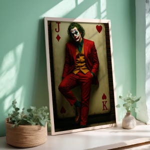 Impresión de arte mural de Joker: pintura digital de payaso villano con traje rojo. Póster estilo naipe para decoración de habitaciones de cultura pop.
