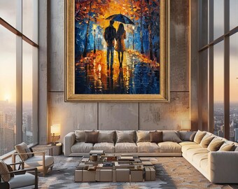 Romantic Couple Under Umbrella Wall Art with Autumn Rain and Warm Lights, Impressionist Style Canvas Print for Cozy Home or Gift Decor