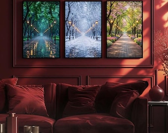 Four Seasons Park Pathway Wall Art 3-Piece Set – Spring, Winter, and Rainy Day Landscape Canvas Prints – Triple Painting for Home or Office