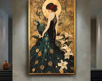 Elegant Woman with Peacock Canvas Wall Art – Art Nouveau Style Portrait with Golden Accents, Floral Details and Fantasy Vintage Glamour