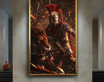 Ancient Roman Warrior with Lion Canvas Wall Art – Epic Gladiator Battle Scene, Mythical Warrior Animal Print for Bold Home Decor