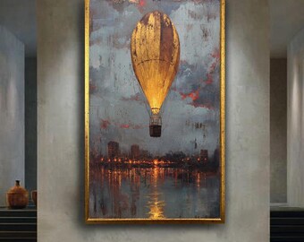 Golden Hot Air Balloon Wall Art Print – Romantic City Night Canvas – Vintage Travel Poster – Atmospheric Urban Landscape Decor