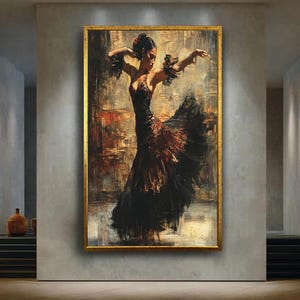 Flamenco dancer in red black dress canvas wall art spanish dance artwork passionate woman painting print for living room or studio decor