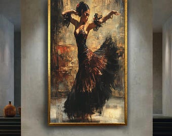 Flamenco dancer in red black dress canvas wall art spanish dance artwork passionate woman painting print for living room or studio decor