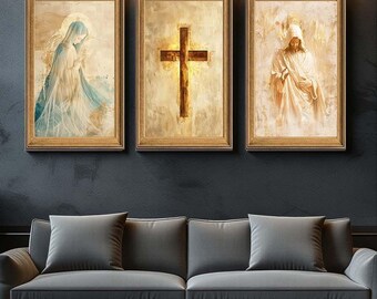 Christian Wall Art Set of 3 – Jesus Mary and Cross Canvas Prints – Religious Spiritual Triptych for Faithful Christian Home Decor