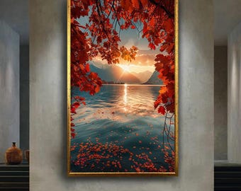 Autumn Sunset Lake Canvas Wall Art Print with Red Leaves and Mountain View, Tranquil Fall Landscape Artwork for Nature Inspired Home Decor